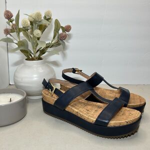 Bandolino Britni Platform Leather Sandals Buckle Sling Back Navy Women 8.5M NWOB